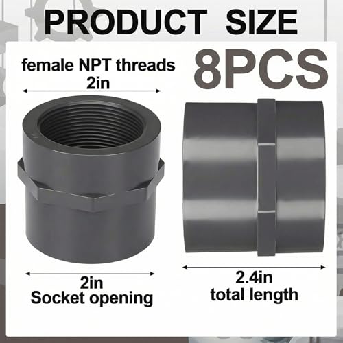 Image of 8 Pcs 2 Inch PVC Pipe Fitting Female Adapter Schedule 80 Socket x Npt Compatible with 835 Series Heavy Duty Industrial Grade Corrosion Resistant Plumbing Irrigation Connector for Water