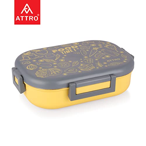 Image of Attro Food Time Stainless Steel Lunch Box, Airtight & Leak Proof - 2 Containers with Spoon (Big 750 Ml & Small 250 Ml) for Office Use, School, Picnic - Grey & Yellow