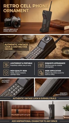 Haofy Brick Cell Phone Ornament, Vintage Cellphone, Retro Old Fashioned Cell Phone Model, Iron Vivid Brick Mobile Phone Model Photography Props for Home Living Room Decor Desktop Decoration(Black) - 2