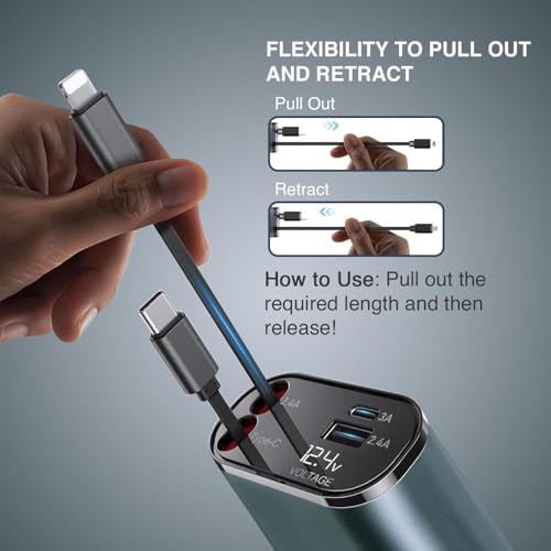 Image of Prolet 120W 4 in 1 Car Charger with 2 Retractable Cable (Type C & iPhone), 1 USB & 1 Type C Port- Universal Car Charger Compatible with All Android & iPhone Series 17 /16 / 15 /14 / 13 /12 / 11
