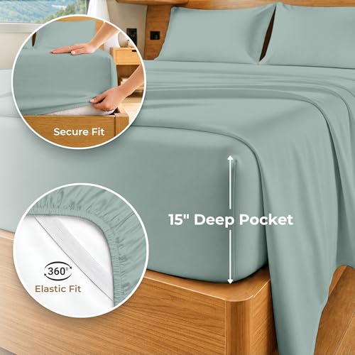 Image of SGI bedding 100% Egyptian Cotton Sheets RV King Size - 600 Thread Count Sheets Set, Soft, Cooling, 15 inch Deep Pocket, Luxury Hotel Bedding, Breathable, Durable - Aqua Green