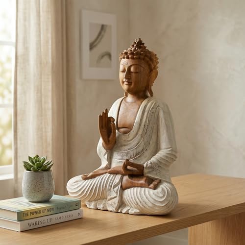 Estatua de Buda de madera tallada 16 in blanco lavado miniatura 6