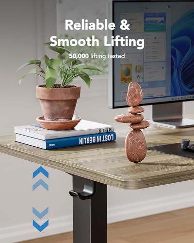 HUANUO 55" x 28" Electric Standing Desk Adjustable Height, 4 Memory Height Settings, Headphone Hook, Cable Manager, Sit Stand Up Desk for Home Office & Computer Workstation, Wooden Block