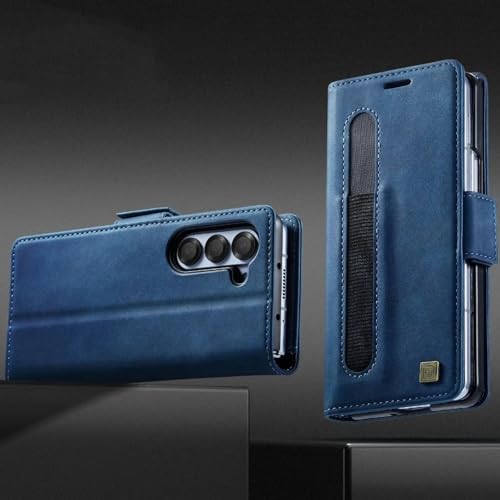 Étui cuir Galaxy Z Fold5 avec porte-stylo bleu, protection luxe à rabat