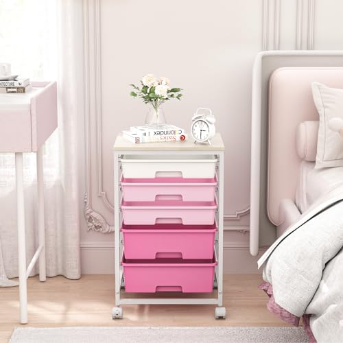 Image of SYKIARIOL Utility Cart with 5 Drawers,Storage Drawer Cart with Wooden Tabletop and Lockable Wheels,Craft Storage Trolley Cart,5-Tier Rolling Utility Cart on Wheels,Rose Pink