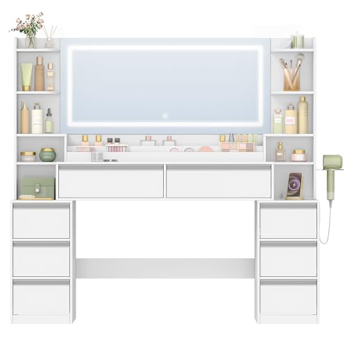 HEXCELEN 149cm Coiffeuse avec Miroir, Table de Maquillage avec 3 Lumières LED à Luminosité Réglable, Prises de Courant, Support pour Sèche-Cheveux, 8...