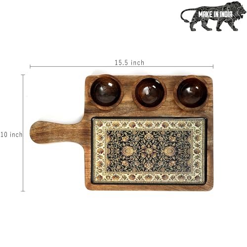 Image of Handcrafted Mango Wood Serving Platter with 3 Dip Bowls | Traditional Jamawar Kashmiri Print | Waterproof, Heat-Resistant, Food-Safe Lacquer Finish | 15.5 x 10 Inch | Made in India (3Katori: Jamawar)