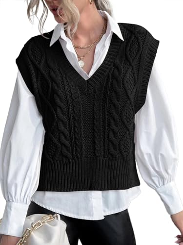 Jumppmile Womens V Neck Sweater Vest Cable Knit Solid Sleeveless