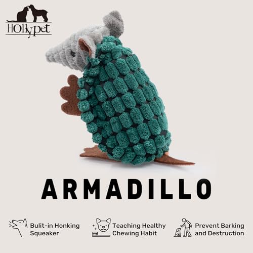 Image of Hollypet Plush Dog Squeaky Toy Stuffed Armadillo Animal Pet Puppy Chew Toys with Clean Teeth for Small Medium Large All Breed Sizes Dogs, Deep Green, 6 in