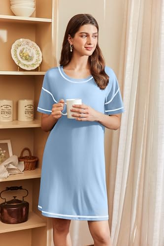 Image of Ekouaer Nightgowns for Women Soft Sleep Shirt Short Sleeve Night Shirt Oversized Sleepwear Comfy Sleep Dress