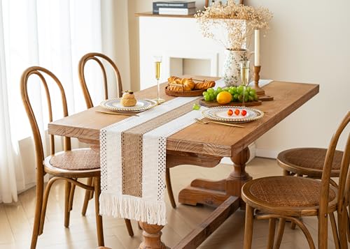 Image of FEXIA Boho Table Runner for Summer Home Coffee Decor with Tassels 72 Inches Long Farmhouse Rustic Table Runner Macrame Burlap Table Decoration for Kitchen Living Room Bridal Shower(12x72 Inches)