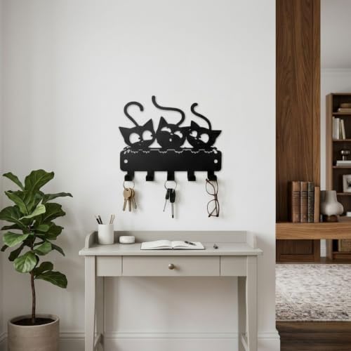3 Cats Metal Key Holder for Home Decor Stylish, 5 Hooks Wall Moun...