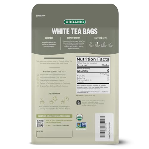 Image of FGO Organic White Tea, 100 Count, Eco-Conscious Tea Bags, Resealable Bag, Packaging May Vary (Pack of 1)