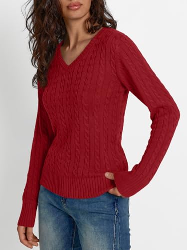 Image of LILLUSORY Women's Cable Knit V Neck Lightweight Soft Pullover Sweaters