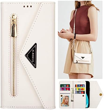 Harsel Galaxy S10e Case Cover Zipper Wallet Case for Women/Men,Flip Folio Purse Leather Crossbody Case with Card Holder Shoulder Strap Shockproof Samsung S10e Lanyard Phone Case Handbag White