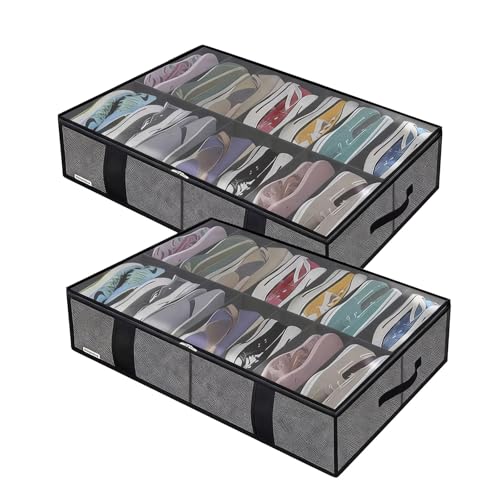 Yeqqzq Under Bed Shoe Storage Organizer with Dividers Fits 28 Pairs Total Shoe Holder with Leather Handles Clear Cover Foldable Storage Bag 2 Pack Store 28 Pairs