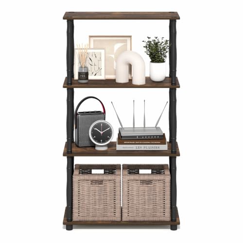 Image of Furinno Turn-N-Tube Storage Shelves, 4-Tier Open Frame Book Shelf, Standing Corner Shelf, Toolless Open Shelves, Classic Tubes, for Organization and Storage, Living Room, Home Office, Amber Pine