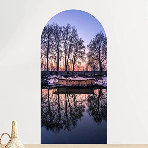 Arch Wall Decal Reflection houseboats Trees Bank Jhelum River Jammu Kashmir India Peel and Stick Wallpaper Self-Adhesive Removable Wall Sticker Mural Wall Decor for Living Room Bedroom Nursery