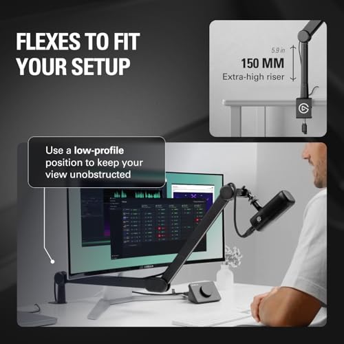 Image of Elgato Wave Mic Arm MK.2, Studio Boom Arm for Microphones | Rises above monitors or stays low profile, Silent operation, Slim all-metal design, Padded clamp fits tight spaces