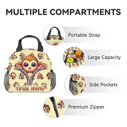 Personalized Monkey Backpack with Lunch Box, 3PCS Girls School Backpacks Matching Combo for Kindergarten, Cute Bookbag and Pencil Pouch Bundle 6