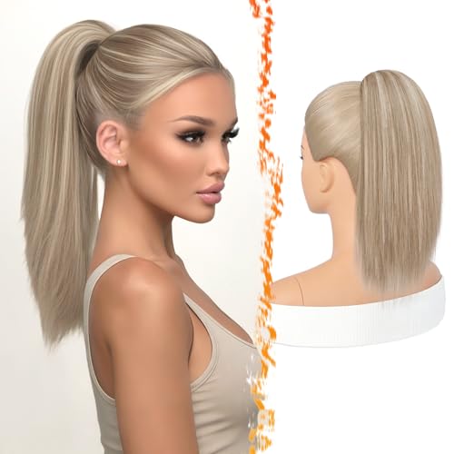 BARSDAR Straight Blonde Ponytail Extension - 16 Inch Short Straight Blonde Drawstring Ponytail Extension Natural Soft Synthetic Cheer Posh Pony Tails Hairpieces for Daily Party Cheer Competition