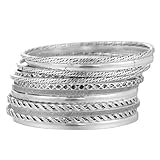 WHENZOO 12 Pcs Boho Bangles for Women, Lightweight Metal Bangle Bracelet Set, Stackable Trendy Layered Bangles, Multipack Indian Vintage Ladies Hand Jewellery for Women Girls Jewelry Gifts (Silver)
