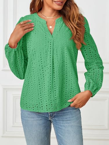 MEROKEETY Women's Hollow Out Lace Blouse Eyelet Embroidery Puff Long Sleeve V Neck Fall Boho Top Shirts2