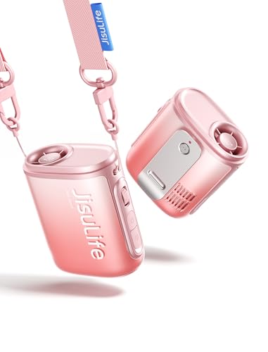 Image of JISULIFE Portable Neck Fan, 100 Speed 40000RPM Cooling, Mini Personal Handheld Wearable Waist Fan, 16H 4500mAh Battery with LED Display, Lightweight in Outdoor, Travel, Jobsite Gifts (Pink)