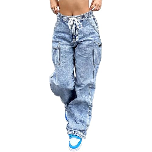 Cargo Jeans Women Elastic Waist Stretch Wide Leg Denim Pants Pockets Baggy y2k Streetwear Pants