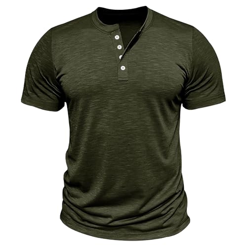 Men Quarter Button Tight Henry Shirt Short Sleeve Round Collar Thin T Shirt Summer Classic Cozy Breathable Tops (Navy Green,X-Large)