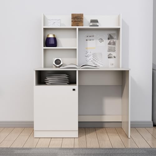 Image of Bniture Wooden Study Table for Home | Engineered Wood Study Table with Bottom Storage Shelf | Multi Purpose Computer Desk for Writing & Study | Laptop Table for Study Room & Office | Frosty White