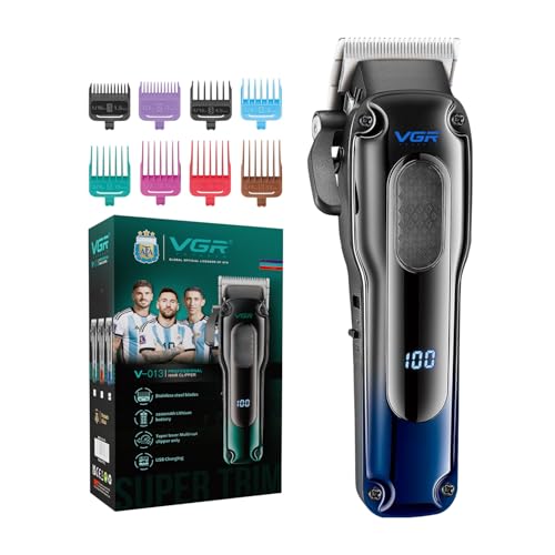Image of VGR V-013 Professional Salon Quality Hair Clipper - 200 Minutes Runtime, 2000mAh Lithium Battery, Adjustable Taper Lever, 8 Guide Combs, LED Display (Blue)