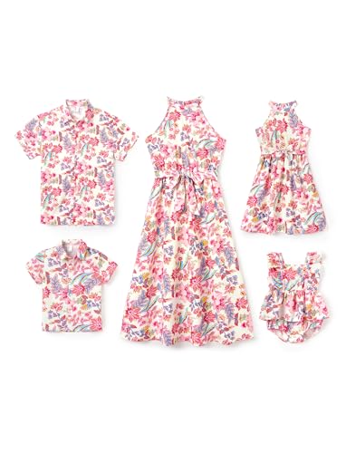 Image of PATPAT Family Hawaiian Matching Outfits - Mommy and Me Vacation Outfits | Halter Sundresses and Button Down Shirts,Caribbean Vacation Summer Tropical Outfits,Hawaiian Boho Tropical Floral Printed