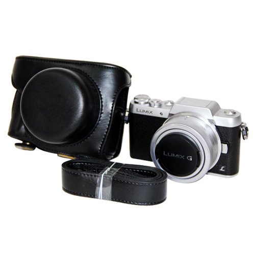 First2Savvv Xjpt-Ddgf7-A01 Black Full Body Precise Fit Pu Leather Digital Camera Case Bag Cover With Should Strap For Panasonic Lumix Dmc Gf7 Gf8 With 12-32Mm Lens + Mini Tripod #TOP1
