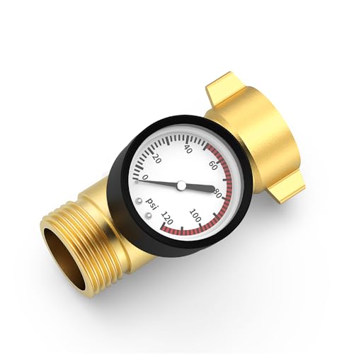 Rvhouse Brass RV Water Pressure Regulator with Gauge, RV Pressure Regulator Water with Filter Screen and NSF Certified, Easy Read Gauge, Fits Most RVs, Campers, Plumbing Systems, Travel Trailers