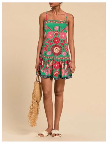 Image of RoseSeek Women's Floral Boho Flowy Mini Cami Dress Ruffle Hem Spaghetti Strap Vacation Tank Dresses