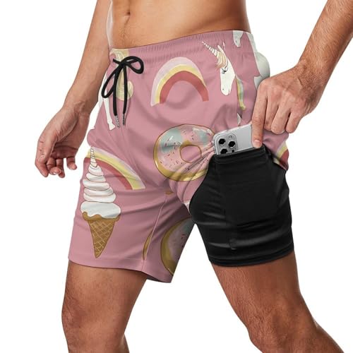 Unicorms Ice-Cream and Doughnuts Beach Shorts for Men Swim Trunks Quick Dry Swim Shorts with Compression Liner Pocket2