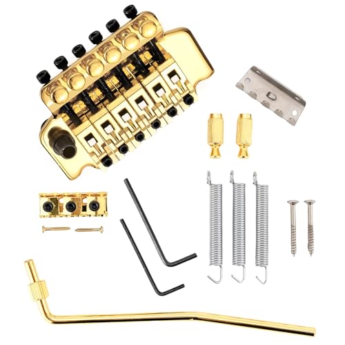 Swhmc Floyd Rose Type Locking Tremolo Bridge, Gold 2-Point Electric Guitar Bridge & Parts Set w/Bar for Strat, Replacement Guitar Hardware