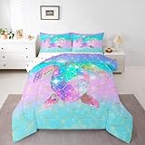 Erosebridal Mermaid Scales Comforter Set for Girls, Tortoise Reptile Bedding Set Twin Size, Sea Turtle Ocean Life Duvet Sets for Kids Children Boys Women, Sweet Girly Down Comforter, Teal Blue
