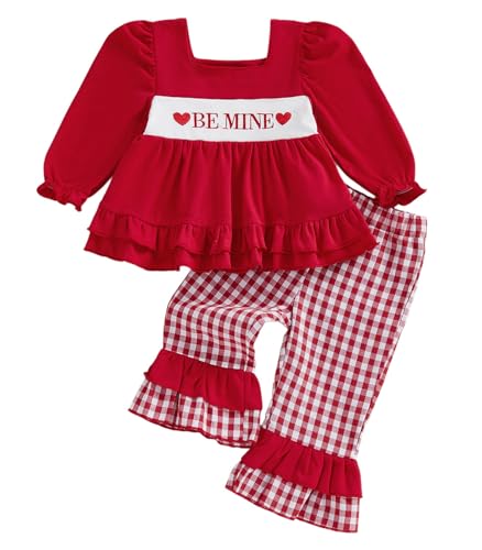 LIOMENGZI Baby Girl Valentines Day Outfits Toddler Long Sleeve Ruffled Letter Tops Plaid Flare Pants 6 12 18 24 Months 3T 4T (Red 6-12 Months)