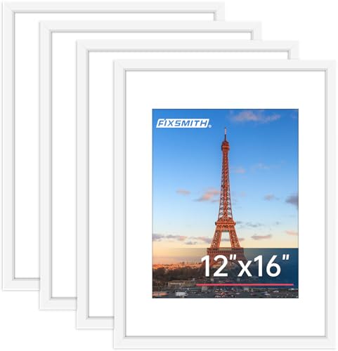 FIXSMITH 12x16 Picture Frame White Set of 4 Photo Frame with HD Plexiglass Display Pictures 8.5x11 with Mat or 11x17 Without Mat White Picture Frames Collage Wall Decor Gallary Wall Frame