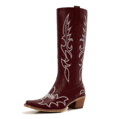 Image of Uillnoodu Women's Turquoise Cowgirl Boots - Wide Calf Mid Calf Western Boots Plus Size Embroidered Cowboy Style with Block Heel