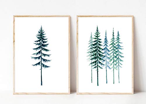 Din A4 Kunstdruck 2-teilig - Tanne Tannen Kiefer Pinien Wald Aquarell Gr&uuml;n Natur Baum Druck Poster Bild - ohne Rahmen