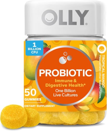 Image of OLLY Probiotic Gummy, Immune and Digestive Support, 1 Billion CFUs, Chewable Probiotic Supplement, Mango, 25 Day Supply - 50 Count (Pack of 12)