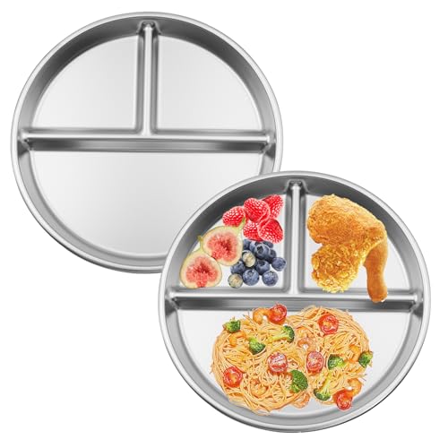 ZHIQIN 2 Stück Runde Edelstahl Geteilte Speiseteller Edelstahl kinderteller mit 3 Fächern 23cm Bariatrischer Geteilte Teller Portionskontrollteller für Camping Abendessen Snacks Partys