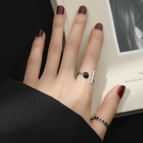 Anello Aperto da Donna in Argento Sterling, Barra Tonda, Strass Nero, Gioielli Fatti a Mano Regolabili