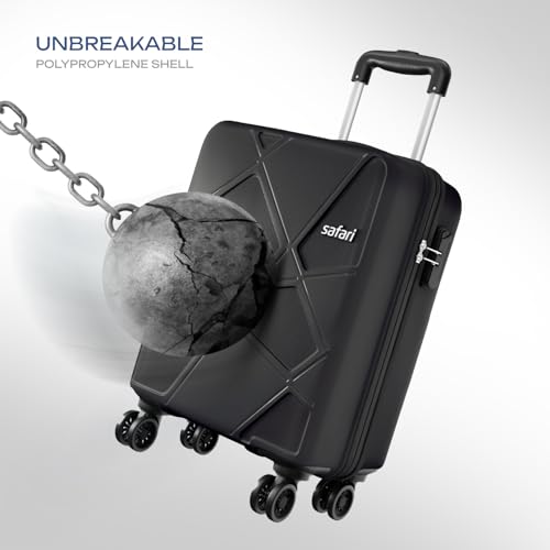 Image of Safari Pentagon Pro 8 Wheels Cabin Trolley Bag Polypropylene Hard Case, 360º Wheeling Carry on Luggage for Men & Women, Suitcase for Travel, Black, 55 cm