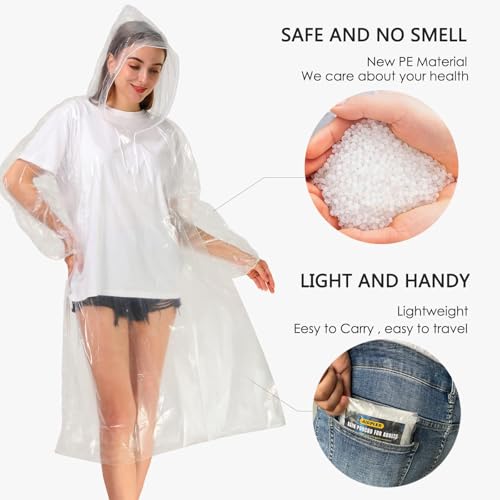 Image of Disposable Rain Ponchos for Adults, Clear Poncho with Hood, Emergency raincoats for Hiking, Camping, Travel
