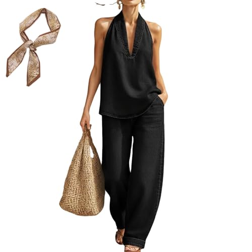 Cozy Minimalist Two-Piece Denim Set for Women - Halter Top