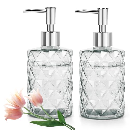 2 Pcs Clear Glass Soap Dispenser 330ml Hand Soap Dispenser with Plastic Pump, Crystal Hand Washing Liquid Dispenser Refillable Bathroom Bottle Storage for Shampoo Detergent Kitchen Countertop Laundry
